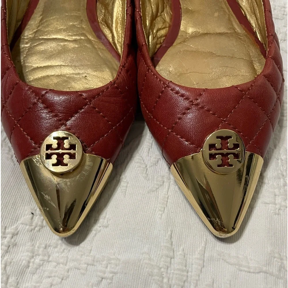 EUC Tory Burch Rust Gold Point Toe Slip On Quilted Ballet Flats Size 6